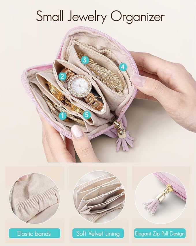 VLANDO Mini Jewelry Travel Case,Jewelry Pouch Bags with Zipper, Velvet Jewelry Organizer Storage Bag for Bracelet Rings Earring Travel Essentials Gifts for Women Girl - Pinkish Purple - Image 3
