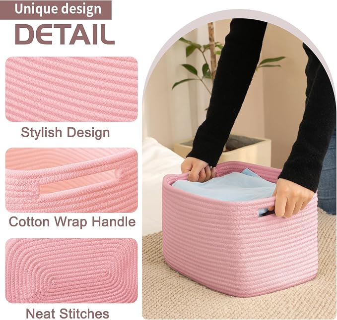 OIAHOMY 4 Pack Storage Baskets for Organizing, Cube Storage Bins for Shelves, Rectangle Storage Baskets With Handles, Woven Baskets for Storage, 12.7''Lx9''Wx7.8''H, Pink - Image 3