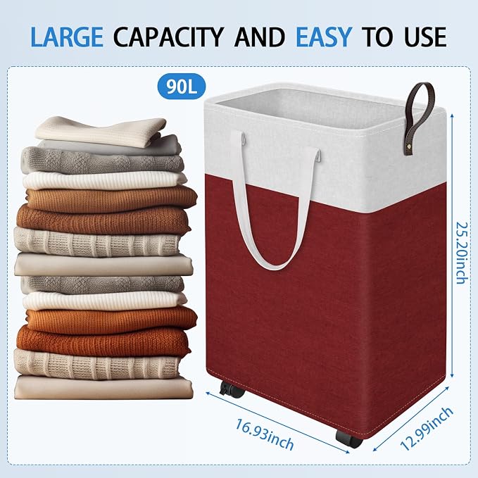 HomeHacks 90L Large - Capacity Rolling Laundry Basket, Laundry Hamper with 4 Smooth Wheels, Collapsible Waterproof Clothes Basket, Freestanding Hamper with Handles for Bedroom/Dorm/Laundry Room (Red) - Image 2