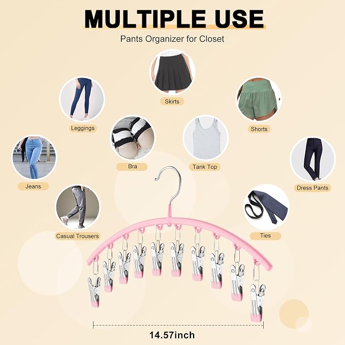 Legging Organizer for Closet, Metal Yoga Pants Hangers 4 Pack w/10 Clips Holds 40 Leggings, Space Saving Hanging Closet Organizer w/Rubber Coated Closet Organizers and Storage, Pink - Image 4