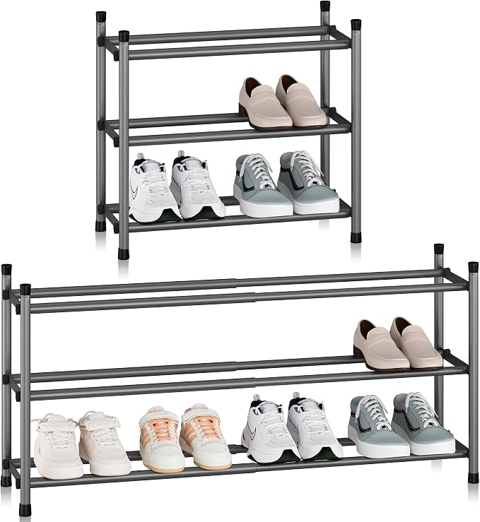 STORAGE MANIAC Expandable Shoe Rack, 12 Pairs Stackable Small Shoe Rack, Metal Adjustable Shoes Organizer for Closet, Entryway, Hallway, Garage, Front Door, Shoes Shelves, Black 3 Tier by STORAGEMANIAC