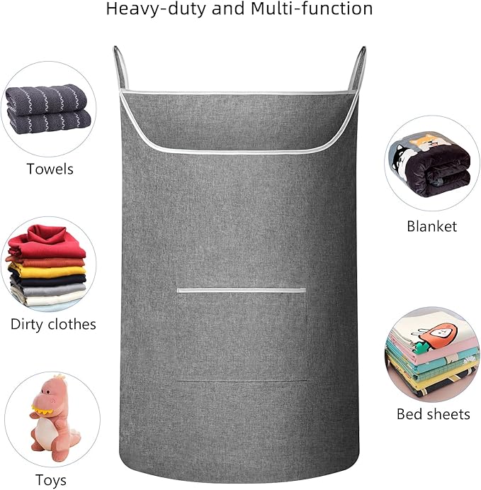 SAVERHO X-Large Hanging Laundry Hamper Bag, Door Hanging Hamper with Front Pocket Dirty Clothes Hanging Laundry Bag Large Size 35X22 inch Door Laundry Basket (Grey) - Image 4