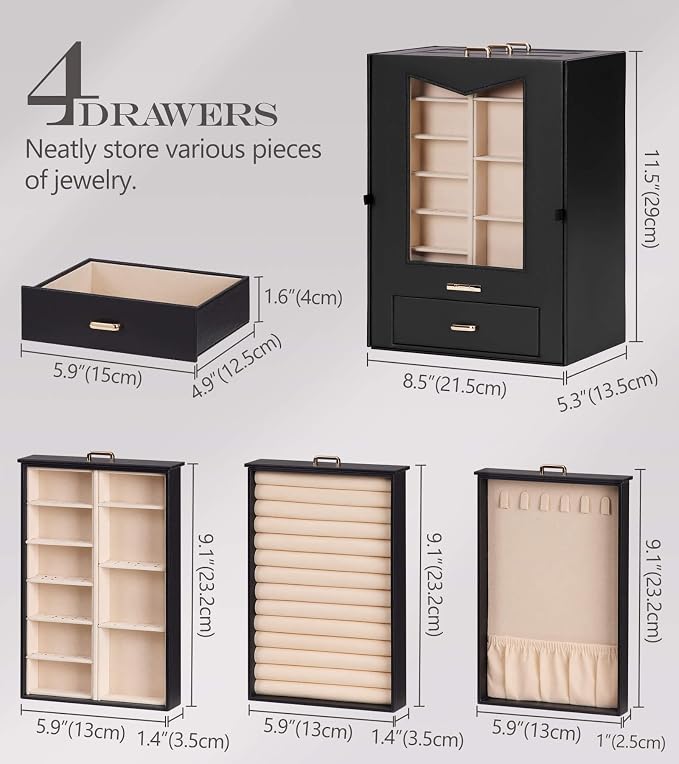 Homde Jewelry Organizer with Transparent Window Necklace Hooks Gift for Women Jewelry Box Display Case for Necklaces Rings Earrings Bracelets and Other Jewelry Accessories (Black + Gold) - Image 6