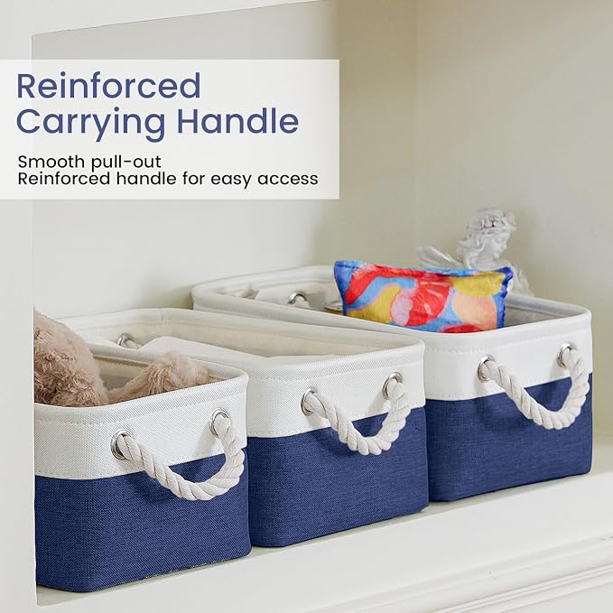 Storage Baskets for Shelves 11.8x7.9x5.2 Inch, Foldable Fabric Storage Bins with Handles, Small Storage Baskets for Organizing Closet, Office, Home Organization (6-Pack, White&Blue) - Image 3