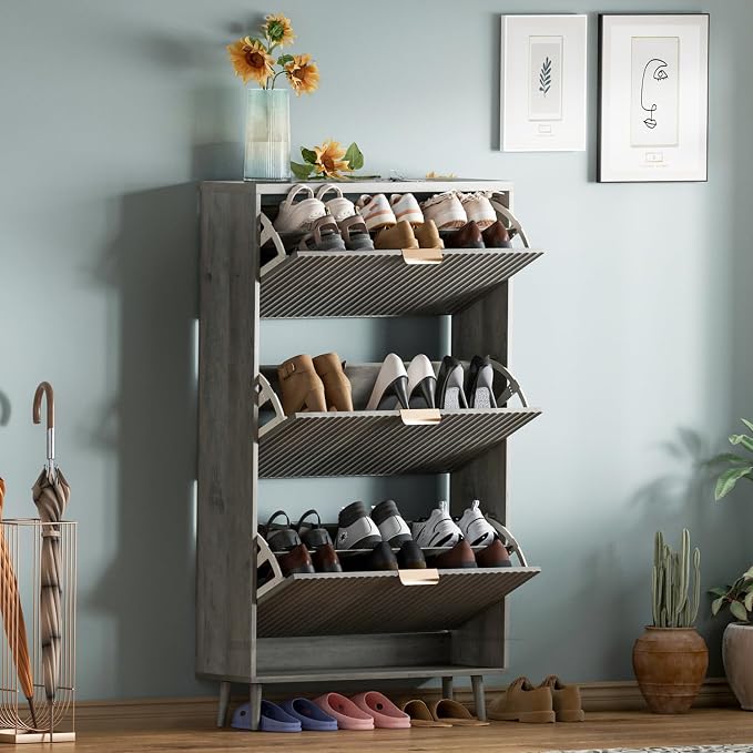 Shoe Cabinet Storage,Modern Freestanding Organizer with 3 Flip Drawers,Narrow Shoe Rack Cabinet for Entryway,Grey - Image 6