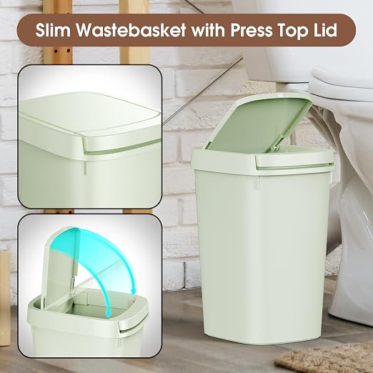 CEROELDA 3 Pack Bathroom Trash Can with Lid, 10L/2.6 Gal Small Garbage Can with Press Top Lid, Slim Plastic Waste Basket for Toilet, Office, Bedroom (Green) - Image 4