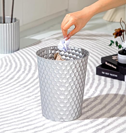 Venalys Small Metal Trash Can Wastebasket, Decorative Honeycomb Garbage Can Waste Basket, Modern Farmhouse Round Trash Bin for Bathroom, Bedroom, Kitchen and Office (Silver) - Image 2