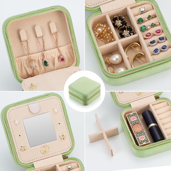 TRODANCE Plush Velvet Travel Jewelry Case Organizer, Small Travel Jewelry Box,Portable Jewelry Box Travel Mini Organizer Portable Display Storage Box For Rings Earrings Necklaces (Grass Green) - Image 4