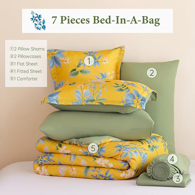 Cottolester Floral Comforter Set King Size,7-Piece Yellow Green Comforter Bed in A Bag,Botanical Comforter Set with Pillowcases,Soft Microfiber Complete Bedding Sets for All Season