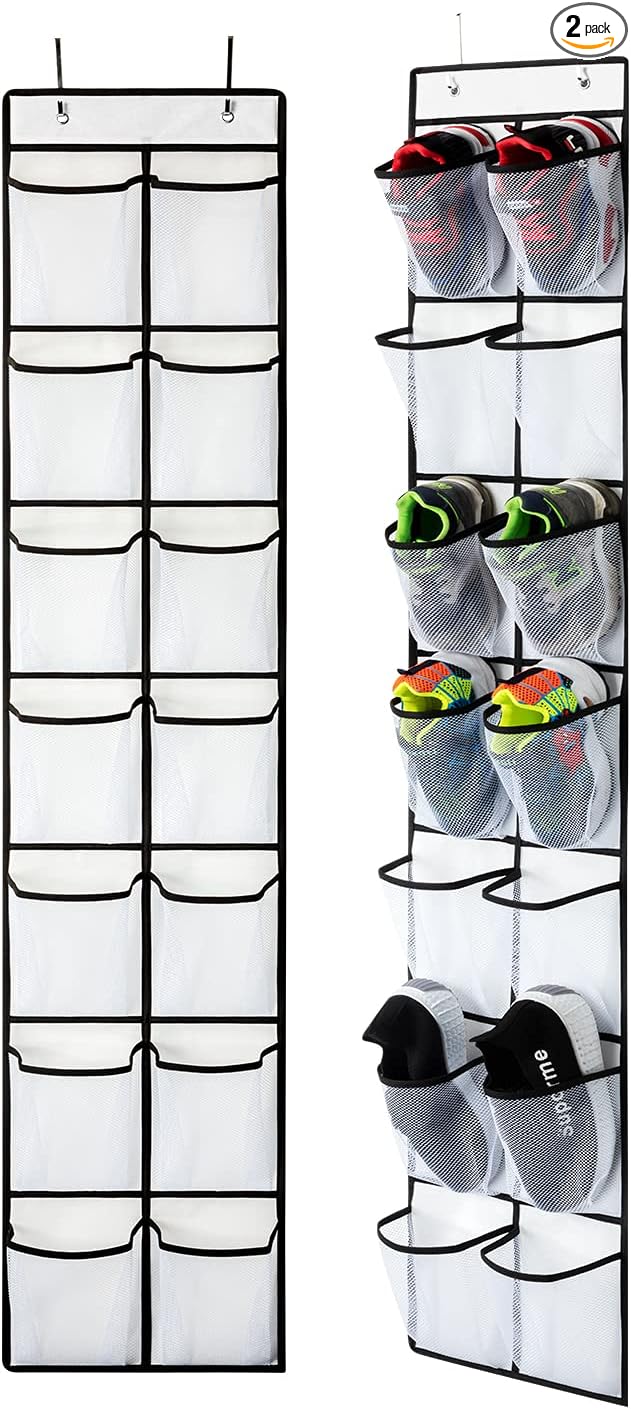 KEEPJOY Over the Door Shoe Organizer, Hanging Shoe Organizer with 4 Hooks, Shoe Holder with 14 Mesh Pockets Closet Door Shoe Storage Bag (White-2Pack) by KEEPJOY