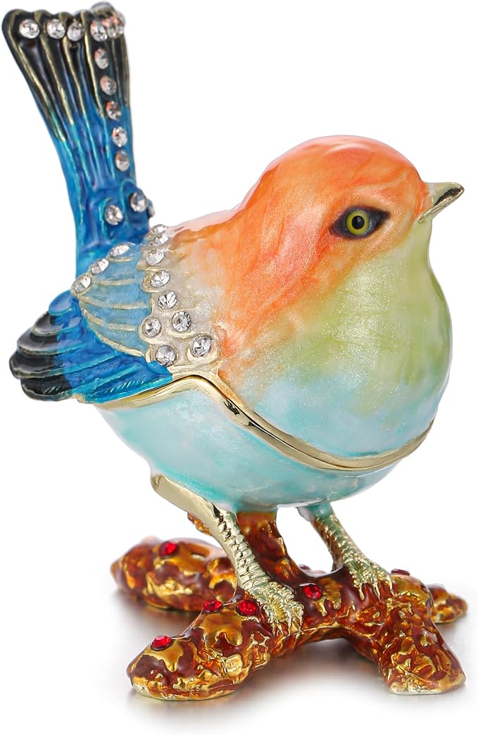 Hand Painted Enamel Robin Bird Trinket Box for Home Decor, Hinged Jewelry Organizer for Ring Earrings, Unique Figurine Keepsake Collectible Personalized Handmade Ornament Gifts (Multi-Sparrow) by AzurtLCX