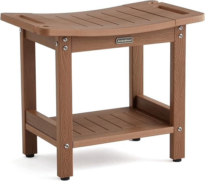 Poly Shower Stool for Inside Shower Waterproof, Shower Bench for Shaving Legs, Heavy Duty Plastic Bathroom Chair Seat with Handles & Adjustable Feet, Foot Rest, No Maintenance, Brown by KaimuBench
