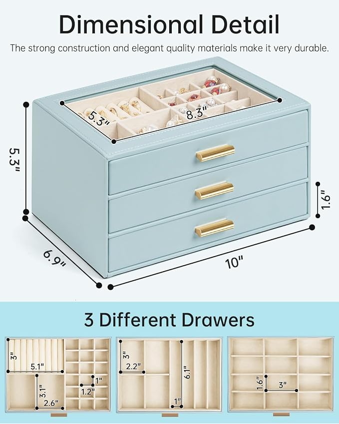AKOZLIN Jewelry Box with Clear Lid Functional Leather Jewelry Storage Organizer Case 3 Drawers for Women Girls Necklace Ring Bracelet Earring - Image 3