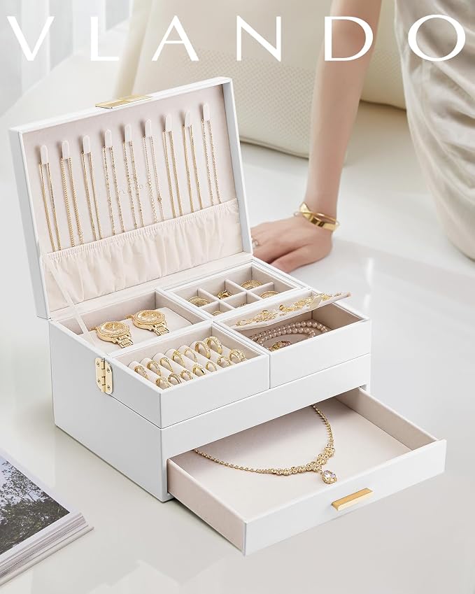 Vlando 3 Layer Jewelry Box - Women Jewelry Box with Retractable Tray - Jewelry Organizers with Drawer for Necklaces, Rings, Bracelets, Earrings, Gift for Couples Mom Girls - White - Image 6