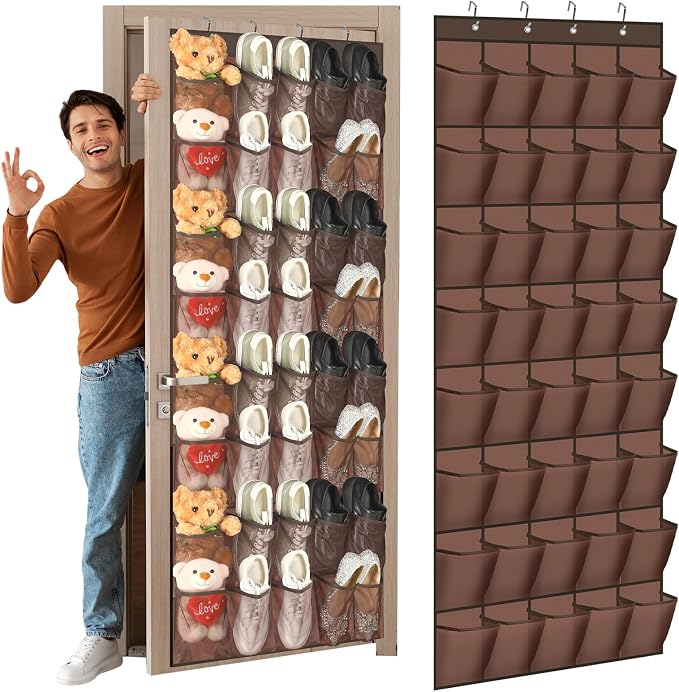 Windyun 40 Over the Door Shoe Organizer Large Breathable Mesh Pockets Hanging Shoe Rack for Closet Brown Behind Door Hanger Storage Holder Nonslip Hooks for Women Men Entryway Bedroom Utility Room by Windyun