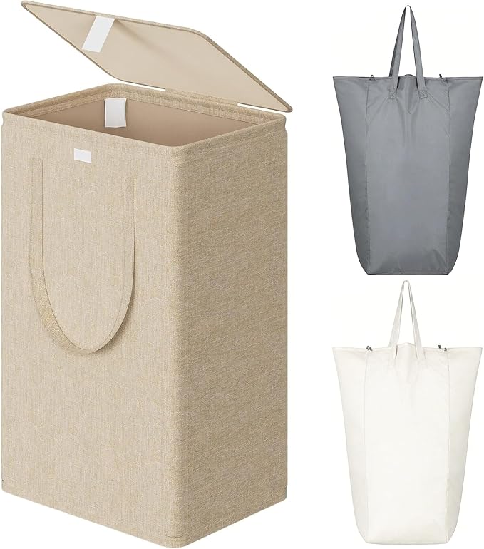WOWLIVE 100L Laundry Hamper with Lid, Large Foldbale Laundry Basket with 2 Removable Bags and Handles, Tall Collapsible Dirty Clothes Hamper for Laundry Room, Bathroom, Dorm (Wheat) by WOWLIVE