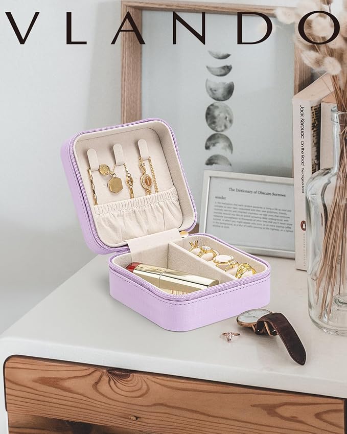 VLANDO Small Travel Jewelry Box Organizer - Girls Women Gift Rings Earrings Necklaces Jewelry Storage Display Case Purple - Image 2
