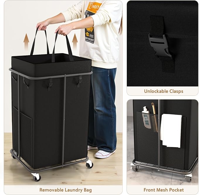 150L Large Laundry Basket with Wheels, Rolling Laundry Hamper with Removable Laundry Bag & Metal Frame, Oxford Fabric Dirty Clothes Hampers for Bedroom, Laundry Room, Bathroom, Dorm(Black) - Image 5
