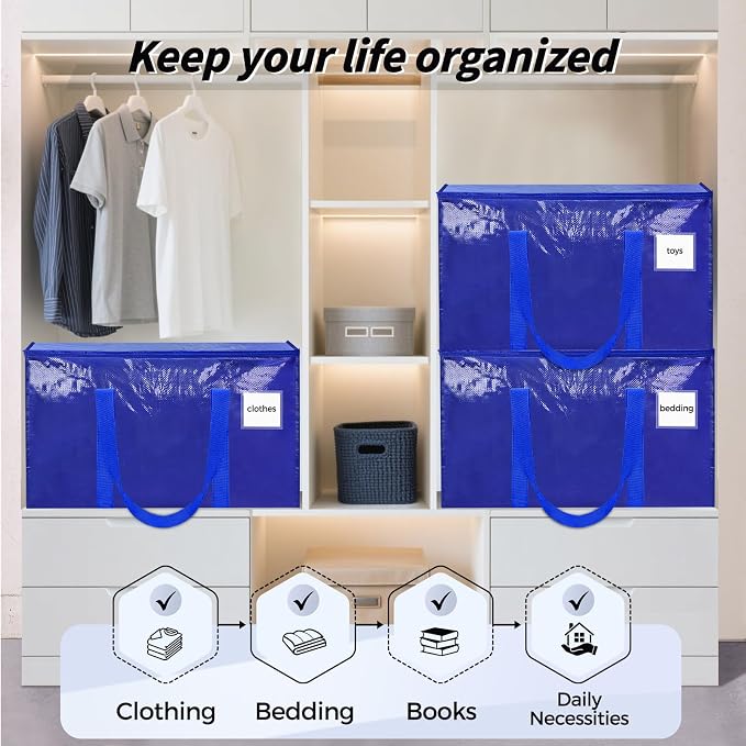 8 Pack Extra Large Heavy Duty Moving Bags, Blue Storage Bins with Lids, Reinforced Handles & Heavy-Duty Zippers Moving Boxes Storage Bags Totes for Clothes Packing, Dorms, College Supplies, Blue - Image 7