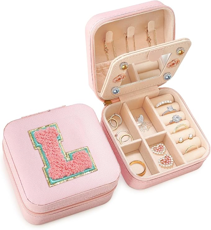 SANDJEST Personalized Jewelry Box, Pink Travel Jewelry Box with Initial L, Small Monogrammed Jewelry Case Organizer for Girls Women Teen Kids, Mini Travel Essentials Gifts for Birthday Christmas by SANDJEST