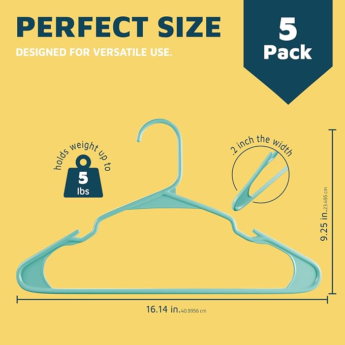 Lifemaster Plastic Clothes Hangers – Heavy Duty Hanger Set, for Organizing Clothes, Dresses, and Coat, Holds Up to 5 lbs, Space-Saving Hangers with Non-Slip Shoulder Grooves, Pack of 5, Aqua - Image 2