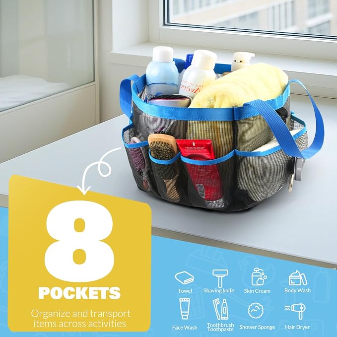 LOYEE Mesh Shower Caddy Portable for College Dorm Room Essentials with 8 Pockets, Shower Bag for Beach, Swimming, Gym, Travel, Bathroom(Blue) - Image 3