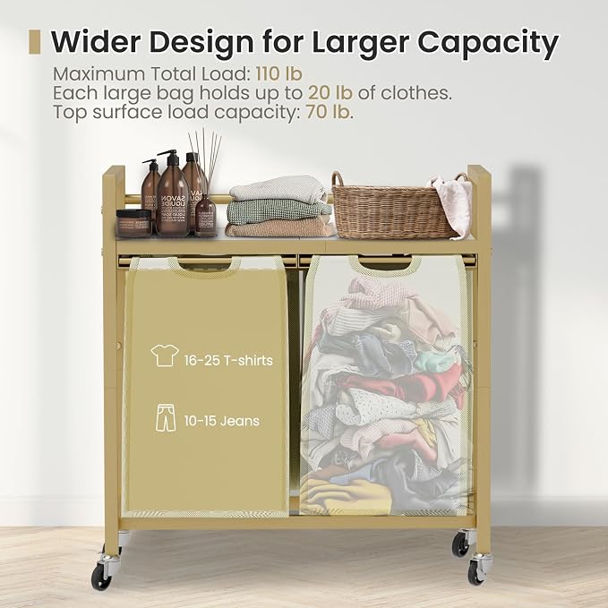 SwaaVee Laundry Hamper, Laundry Basket, Laundry Sorter with 3 Removable Bags, Clothes Basket with 3 Compartments, Wheels, Shelf for Laundry Room Bathroom Bedroom (2 Bags-Golden) - Image 3