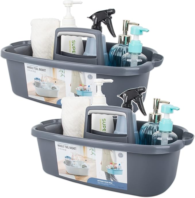 Large Cleaning Supplies Caddy Portable Shower Basket Supply Organizer with Handle Plastic Bucket Tool Storage for Bathroom, Bedroom, Kitchen, College Dorm, Garden, Dark Gray 2 Pack by JiatuA