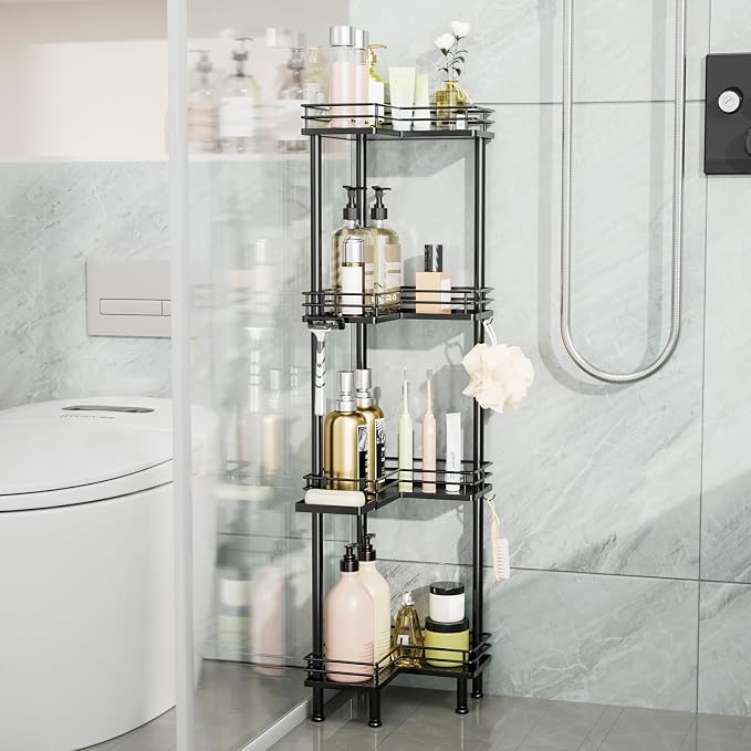 Consumest Corner Shower Caddy Standing - 4-Tier Stainless Steel Shower Organizer with Soap Holder and 4 Hooks, Large Capacity Corner Shelf Stand for Bathroom, Rest Room, Black - Image 4