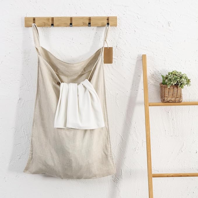 Linen Hanging Laundry Bag, 100% Linen Over The Door Laundry Hamper with Buttons and Zipper, Space Saving Door Hampers for Laundry Dirty Clothes Home Travel, Linen - Image 4