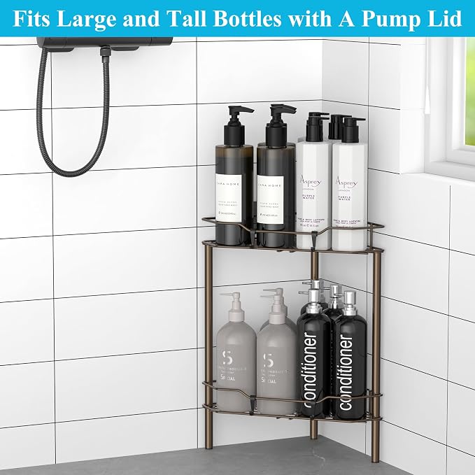HuggieGems 2 Tier Floor Standing Corner Shower Caddy Organizer Shelf with Hooks, Bathroom Shelves Stand Rack, Bronze - Image 3