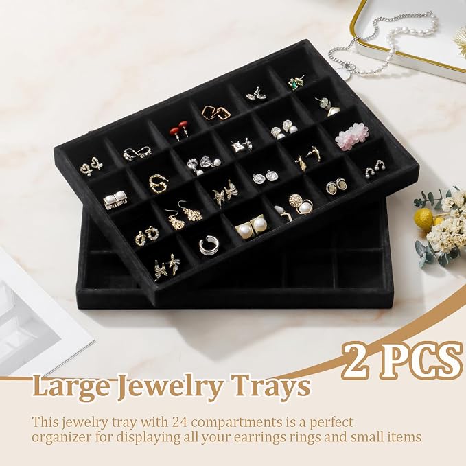 Large Velvet Jewelry Tray 2 Pack Stackable Jewelry Display Drawer Inserts Trays Organizer for Earring Bracelet Necklace Ring (Black, 24 Grids) - Image 2