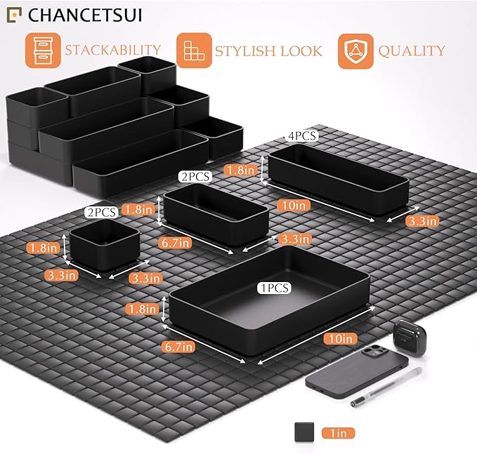 9 Pcs Stackable Drawer Organizer Trays Set, Multifunctional Stackable Storage Trays for Vanity, Bathroom, Kitchen, Desk Drawer Organizer Office. Plastic Drawer Organizers Available In 5 Colours, Black - Image 5