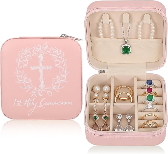 First Communion Travel Jewelry Box, Small Pink Case with Zipper & Soft Lining, Christian Keepsake Organizer for Rings Earrings Necklaces, Religious Keepsake Gift for Girls (1, Pink) by Unknown