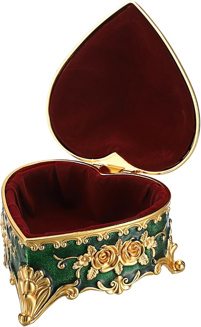 Hipiwe Vintage Jewelry Storage Box Heart Shaped Trinket Box Green Decorative Keepsake Box with Rose Pattern Treasure Organizer Holder for Women - Image 9