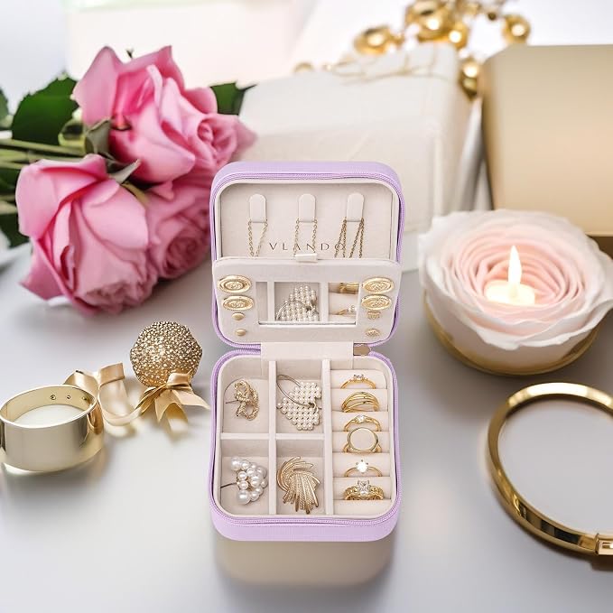 Vlando Small Travel Jewelry Box Organizer - Mirrored Carry-on Jewelries Necklaces Rings Earrings Necklace Storage Case, Purple - Image 6