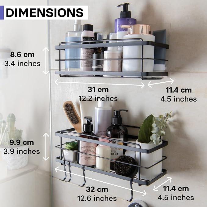 KINCMAX Premium Shower Caddy, 2-Pack Adhesive Shower Organizer, No Drill Bathroom Shelves, Rustproof Stainless Steel Shower Shelves for Inside, Shampoo Holder, Storage Rack, Matte Black - Image 7