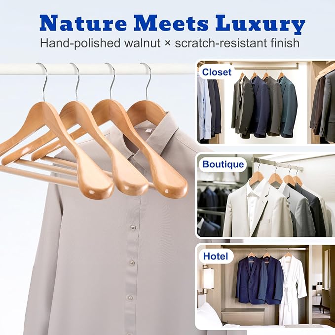 HOUSE DAY Wide Shoulder Wooden Hangers, Suit Hangers with Non Slip Pants Bar, Smooth Finish 360° Swivel Hook High-Grade Solid Wood Coat Hangers for Dress, Jacket, Heavy Clothes Hanger 6 Pack (Natural) - Image 7