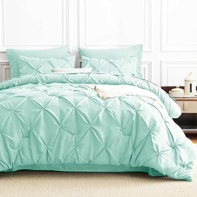 CozyLux Full Size Comforter Sets Mint Green, 7 Pieces Pintuck Bed in A Bag Green Comforter Full Size, Pinch Pleat Bedding Sets with All Season Comforter, Flat Sheet, Fitted Sheet, Pillowcases & Shams