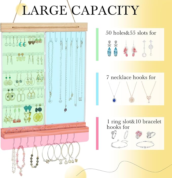 Feyejade Hanging Jewelry Organizer and Storage, 5-Tier White Earring Necklace Holder Jewelry Display Organizer Stand Rack, Wall Mounted for Earrings Necklaces Bracelets and Rings, White - Image 4