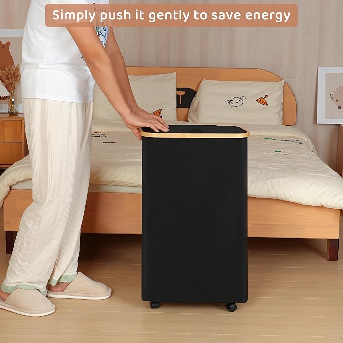 Slim Laundry Basket with Wheels,Narrow Hampers for Laundry,Freestanding Laundry Hamper with Lid&Bamboo Handles,Collapsible & Waterproof Tall Cloth Hamper for Dorm Family(60L Black) - Image 3