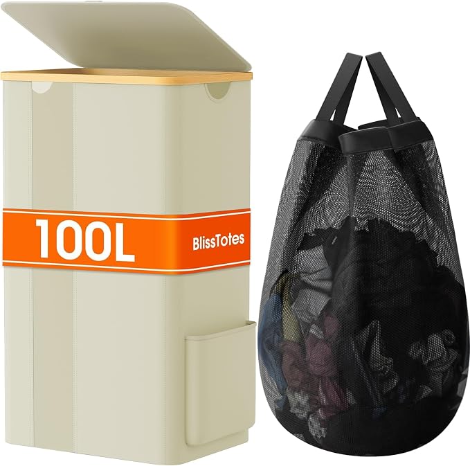BlissTotes Laundry Basket with Lid, 100L Clothes Laundry Hamper with Handles and Removable Laundry Bag, Breathable Design Hamper with Lid for Bedroom, Bathroom, Dorm, Laundry Room - Beige by BlissTotes