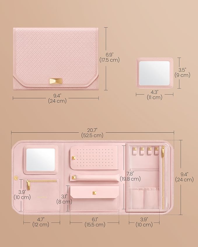 SONGMICS HOME Travel Jewelry Case, Foldable Jewelry Organizer with Mirror, Sectioned Storage, Large Capacity, Woven Embossed PU Leather, Gift Idea, Jelly Pink UJBC196R01 - Image 5