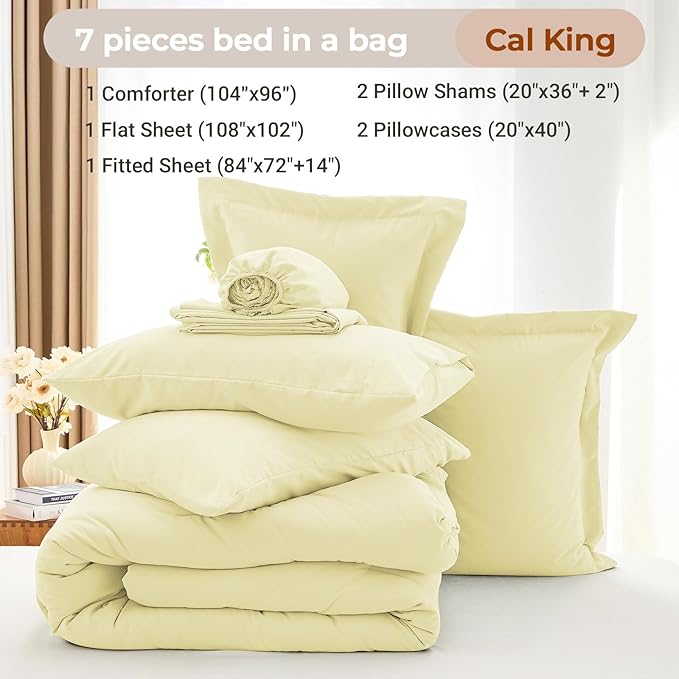 MUXHOMO 7 Pieces California King Comforter Set, Soft Bed in a Bag Cal King Size, All Season Bedding Set with Comforter, Flat Sheet, Fitted Sheet, Pillowcases & Shams, Cream Yellow