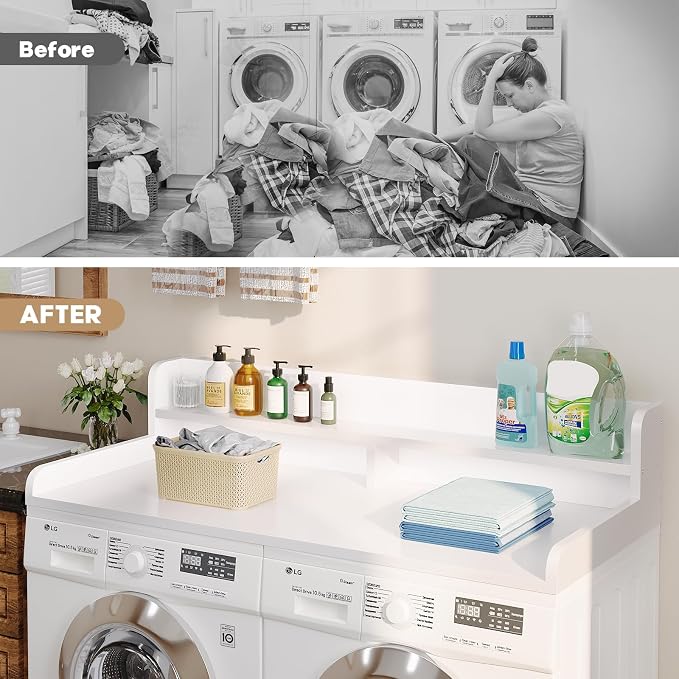 2-Tier Washer Dryer Countertop with 2.75" H Edge Rails, 58" W x 28" D Laundry Countertop for Folding Clothes, Washer and Dryer Topper with Non-Slip Pad (White) - Image 7