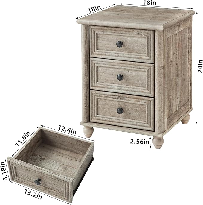 RWYHG 18" Farmhouse Night Stand, Wood Nightstand with 3 Drawers, Grey Bedside End Table with Storage and Roman Column, Bed Side Tables Cabinet for Bedroom, Living Room, and Closet