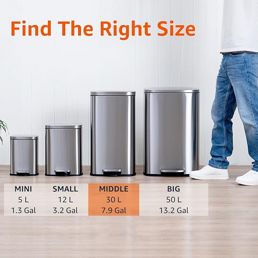 Amazon Basics Smudge Resistant Rectangular Trash Can with Soft-Close Lid, Foot Pedal, Removable Inner Bucket, 30 Liter/7.9 Gallon, Brushed Stainless Steel, Satin Nickel Finish, 13.8"L x 11.8"W x 25"H - Image 4