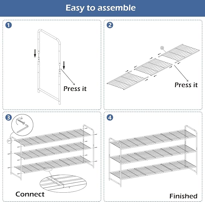 KEETDY 3-Tier Long Shoe Rack for Closet Metal Shoe Organizer for Entryway, Wide Stackable Shoe Storage Shelf with Sturdy Wire Grid for Closet Floor, Bedroom, Grey - Image 8
