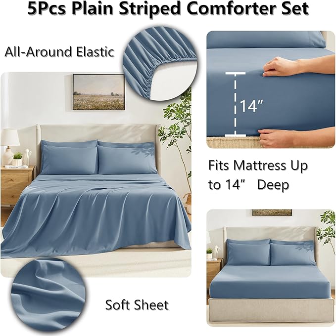 CozyLux Twin Comforter Set with Sheets Dusty Blue, 5 Pieces Bed in a Bag, Grayish Blue Comforter Twin Size, All Season Bedding Set with Stitch Quilted Comforter, Flat Sheet, Fitted Sheet, Pillowcases