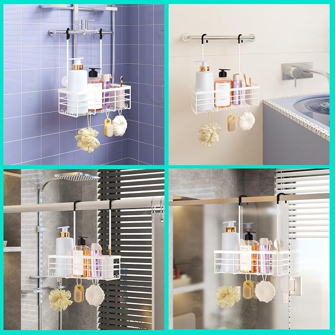 HapiRm Hanging Shower Caddy Organizer - No Drilling Shower Organizer with Hooks, Rustproof & Waterproof 304 Stainless Steel Bathroom Shelves - White (1 Basket) - Image 3